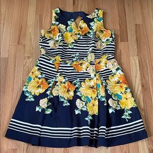 Dressbarn Mini Dress Womens 18 Blue Yellow Floral Print Striped Fit and Flare